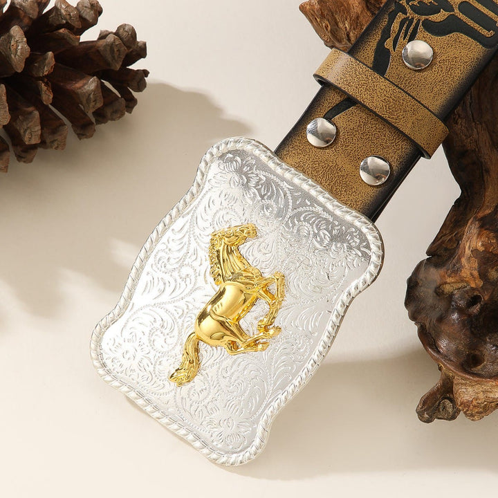 Ceinture western à boucle argentée et motif tête de taureau en relief, ornée d'un cheval doré au galop - image 1
