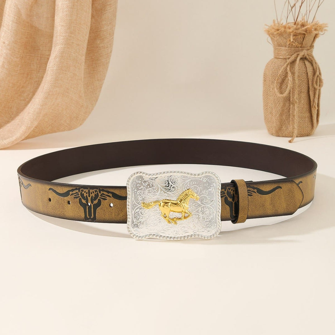 Ceinture western à boucle argentée et motif tête de taureau en relief, ornée d'un cheval doré au galop - image 2