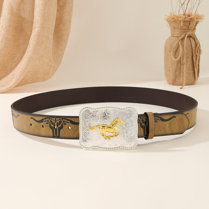 Ceinture western à boucle argentée et motif tête de taureau en relief, ornée d'un cheval doré au galop - image 2