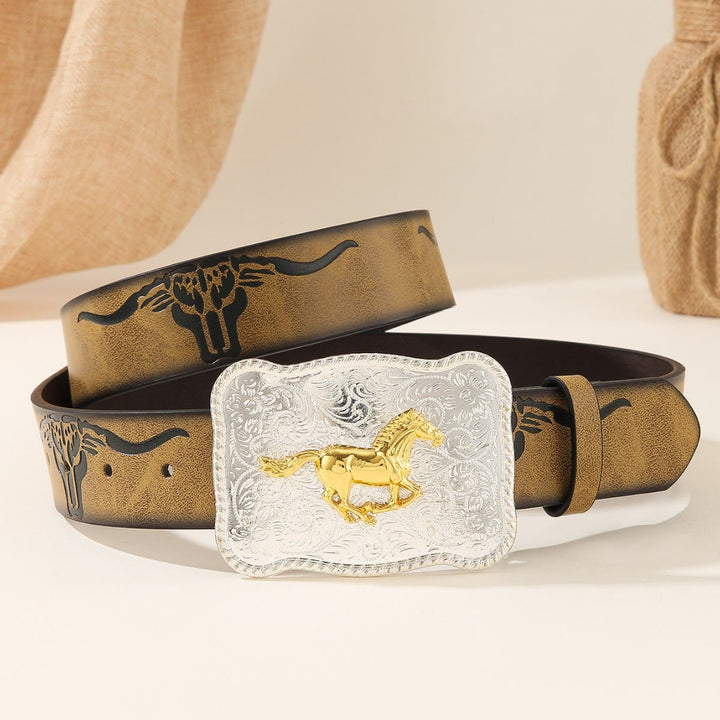Ceinture western à boucle argentée et motif tête de taureau en relief, ornée d'un cheval doré au galop - Cheval d'or - 44 - image 0