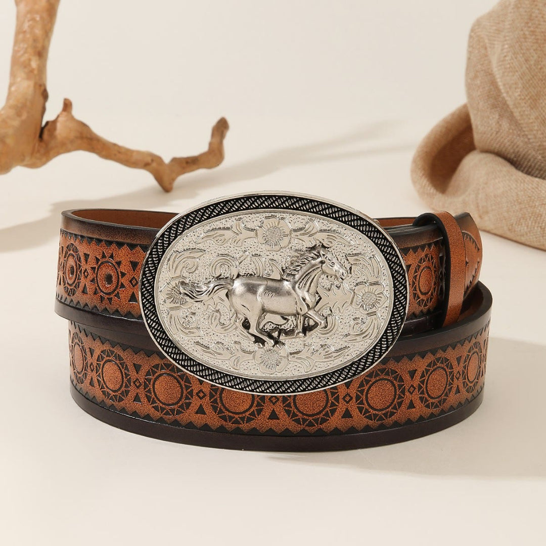 Ceinture en cuir gaufré avec boucle ovale argentée et motif cheval au galop pour homme - Cheval d'argent - 44 - image 0