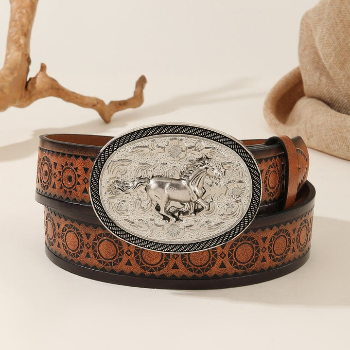 Ceinture en cuir gaufré avec boucle ovale argentée et motif cheval au galop pour homme - Cheval d'argent - 44 - image 0