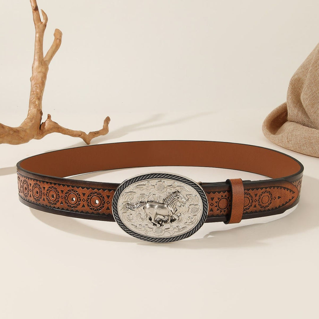 Ceinture en cuir gaufré avec boucle ovale argentée et motif cheval au galop pour homme - image 2