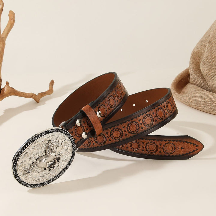 Ceinture en cuir gaufré avec boucle ovale argentée et motif cheval au galop pour homme - image 3