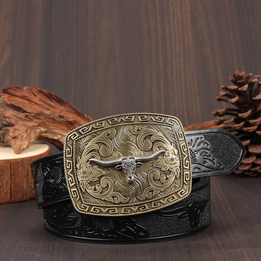 Ceinture en cuir gaufré avec boucle vintage en bronze à motif de tête de taureau à longues cornes - Style n° 1 - 40 - image 0