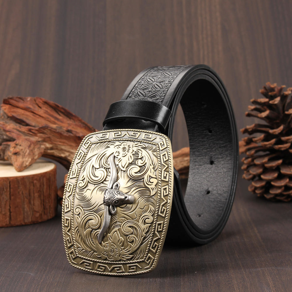 Ceinture en cuir gaufré avec boucle vintage en bronze à motif de tête de taureau à longues cornes - Style n° 2 - 40 - image 1