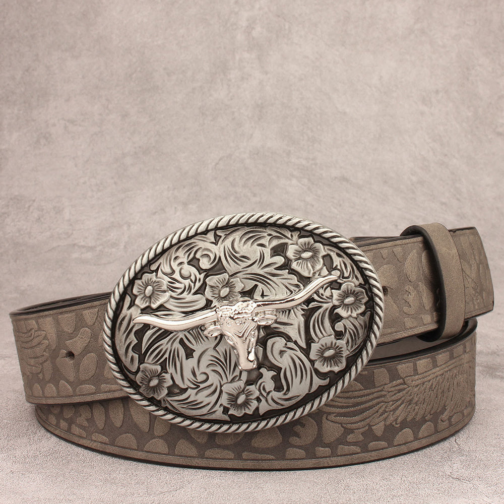 Ceinture en cuir gaufré avec boucle de taureau à longues cornes sculptée vintage - Style n° 2 - 40 - image 1
