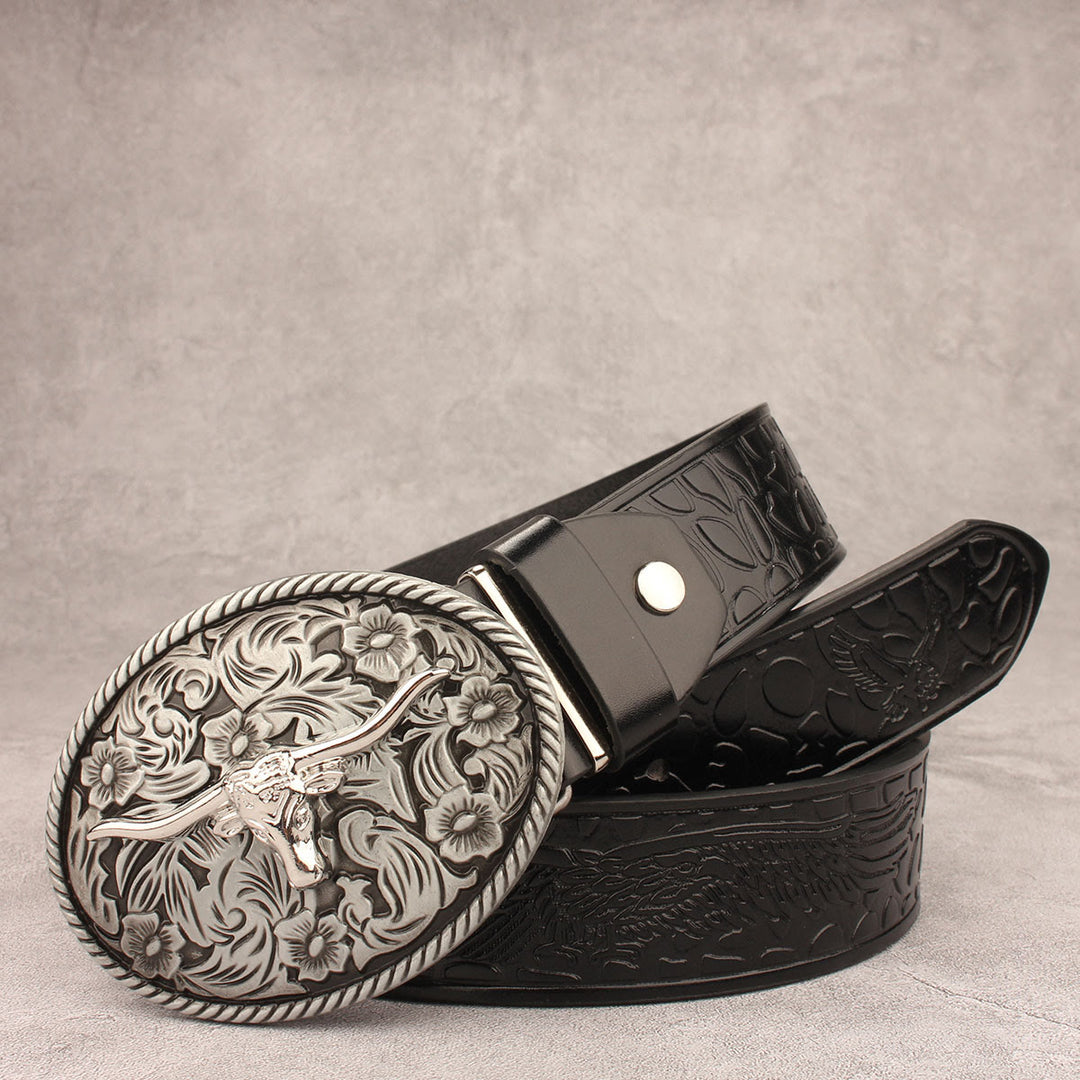 Ceinture en cuir gaufré avec boucle de taureau à longues cornes sculptée vintage - Style n° 1 - 40 - image 0