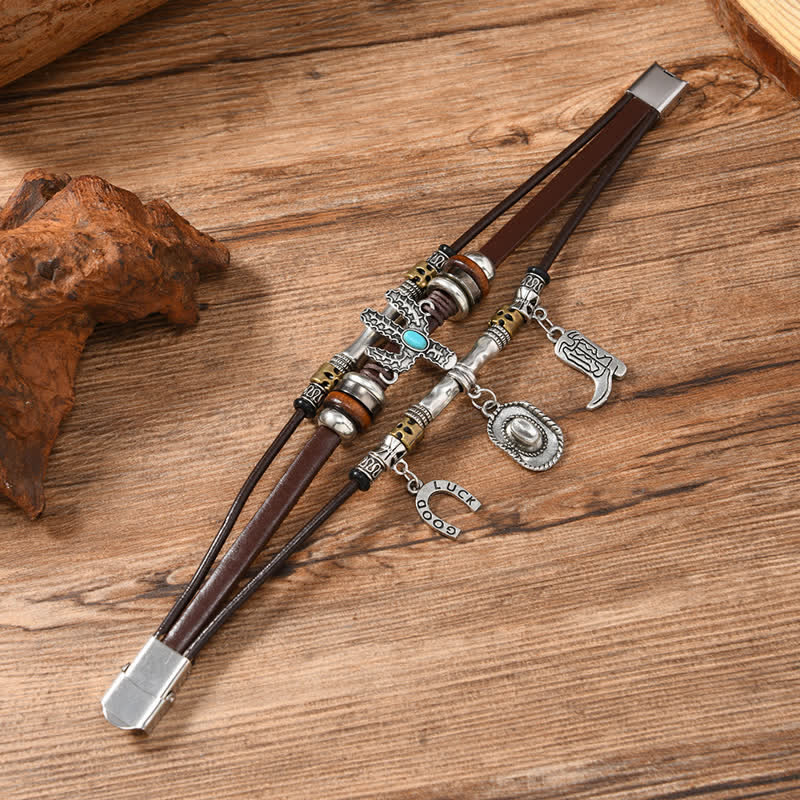 Bracelet en cuir avec breloques pour chapeau et bottes en forme de fer à cheval, style Far West - image 2