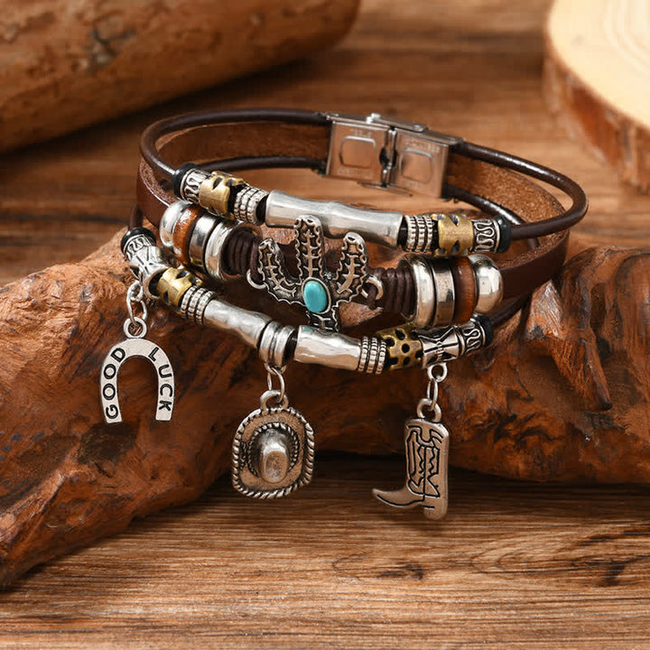 Bracelet en cuir avec breloques pour chapeau et bottes en forme de fer à cheval, style Far West - Charmes de l'Ouest - image 0