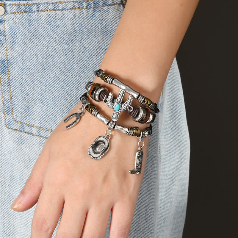 Bracelet en cuir avec breloques pour chapeau et bottes en forme de fer à cheval, style Far West - image 1