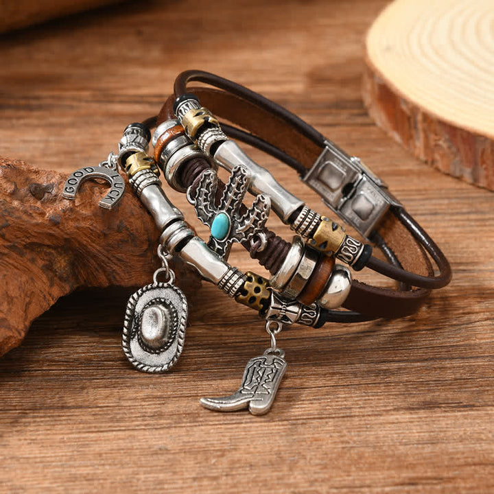 Bracelet en cuir avec breloques pour chapeau et bottes en forme de fer à cheval, style Far West - image 3