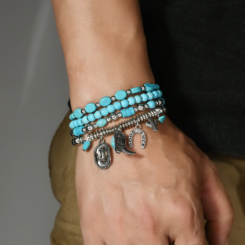 Ensemble de 4 bracelets en cuir turquoise style Far West - image 1