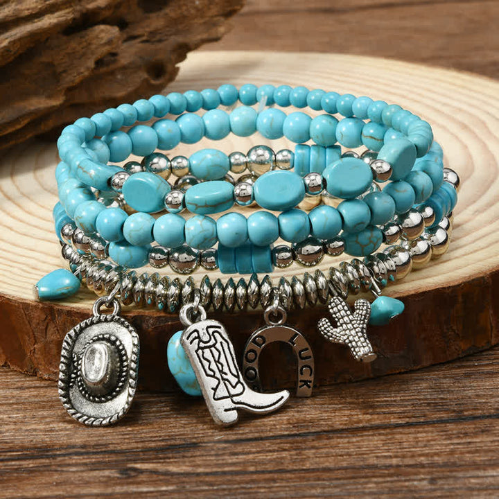 Ensemble de 4 bracelets en cuir turquoise style Far West - Charmes de l'Ouest - image 0