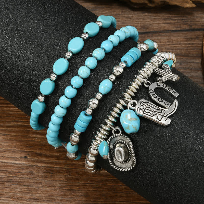 Ensemble de 4 bracelets en cuir turquoise style Far West - image 3