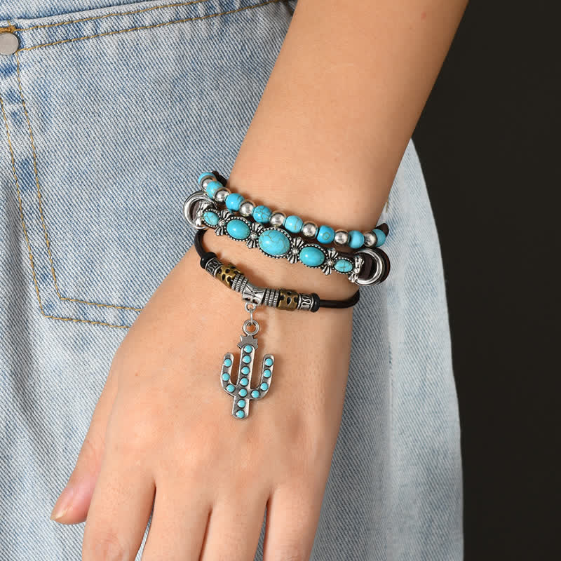 Bracelet en cuir turquoise et cactus style western - image 1