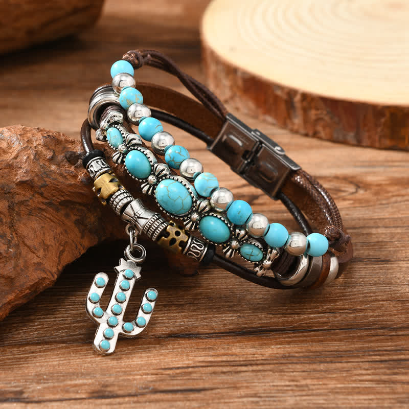 Bracelet en cuir turquoise et cactus style western - Cactus - image 0