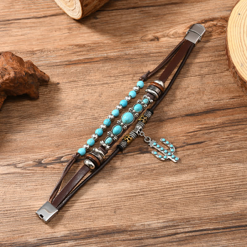 Bracelet en cuir turquoise et cactus style western - image 3