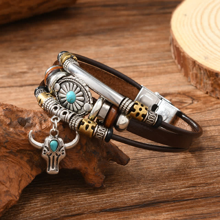Bracelet en cuir superposé à motif crâne de taureau, style western essentiel - image 3