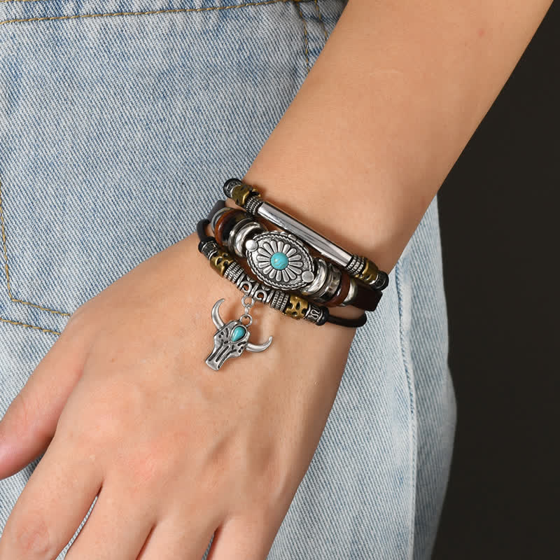 Bracelet en cuir superposé à motif crâne de taureau, style western essentiel - image 1