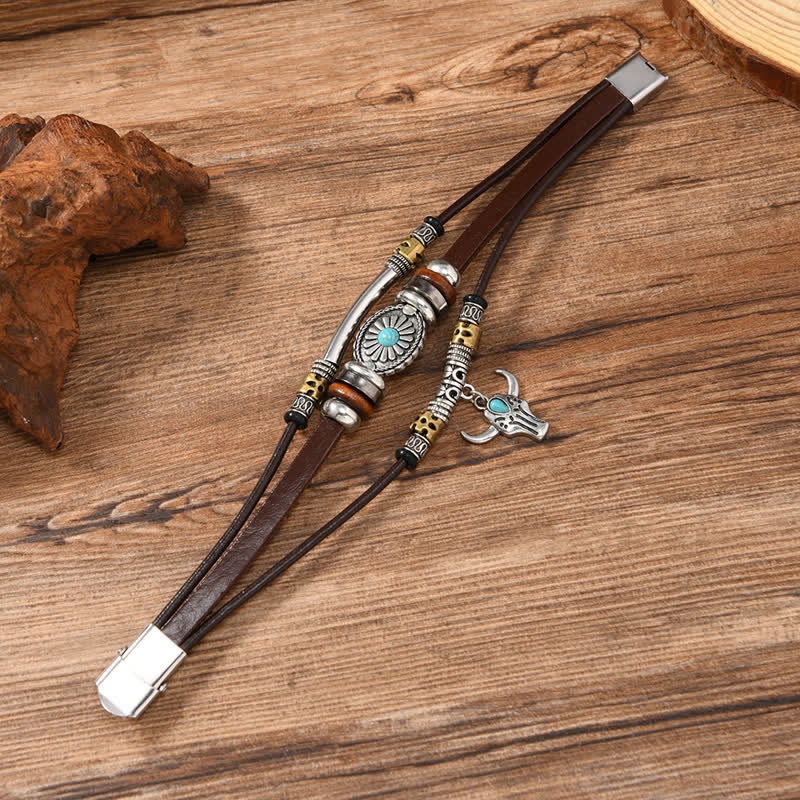 Bracelet en cuir superposé à motif crâne de taureau, style western essentiel - image 2
