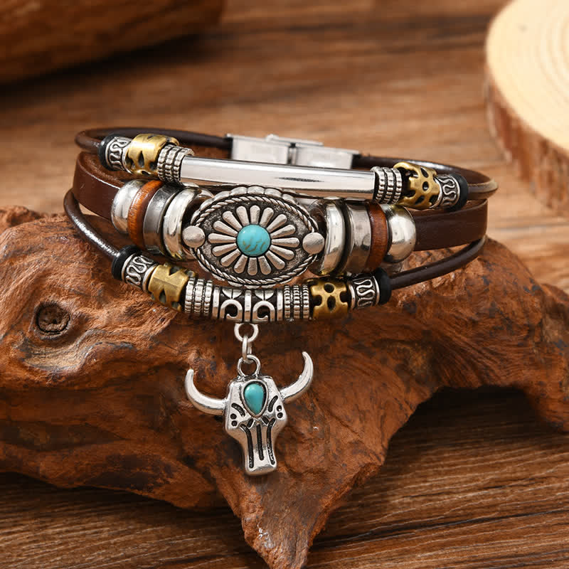 Bracelet en cuir superposé à motif crâne de taureau, style western essentiel - Crâne de taureau - image 0