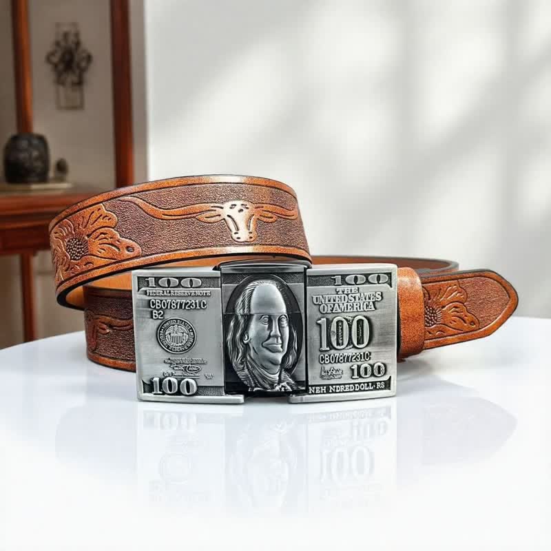 Ceinture en cuir pour homme avec billet de dollar américain et briquet à pétrole dissimulé - Brun - 42 - image 0