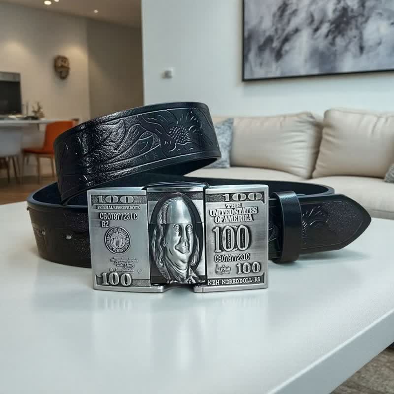 Ceinture en cuir pour homme avec billet de dollar américain et briquet à pétrole dissimulé - Noir - 42 - image 3