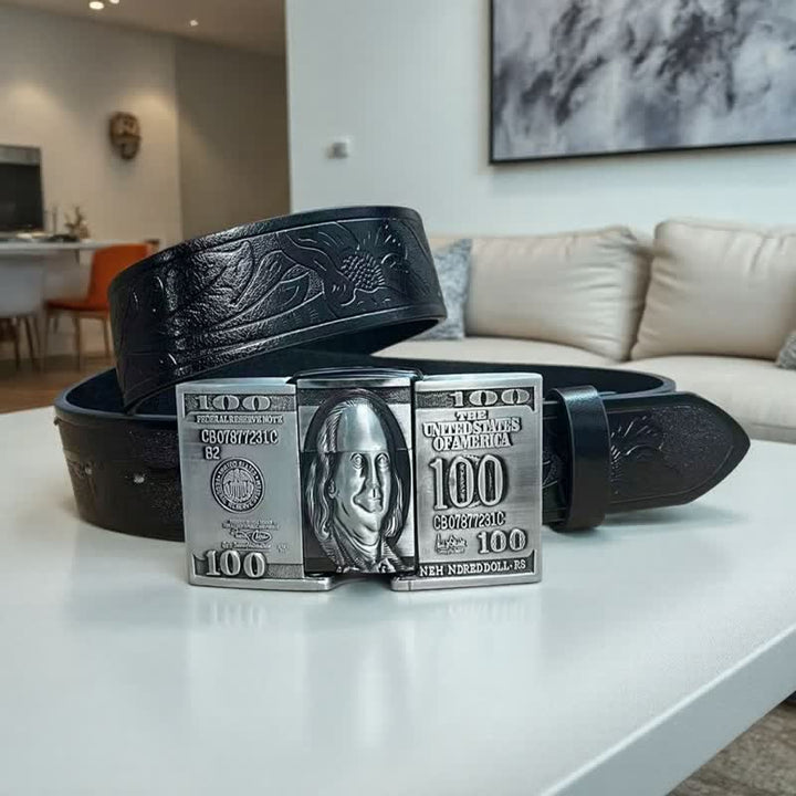 Ceinture en cuir pour homme avec billet de dollar américain et briquet à pétrole dissimulé - Noir - 42 - image 3