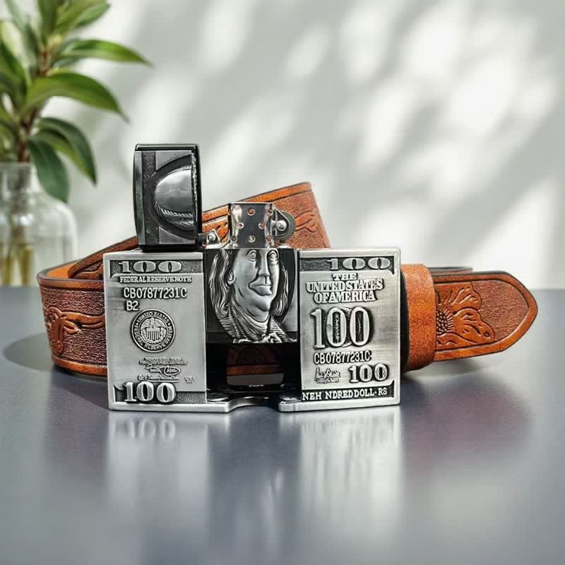 Ceinture en cuir pour homme avec billet de dollar américain et briquet à pétrole dissimulé - image 2