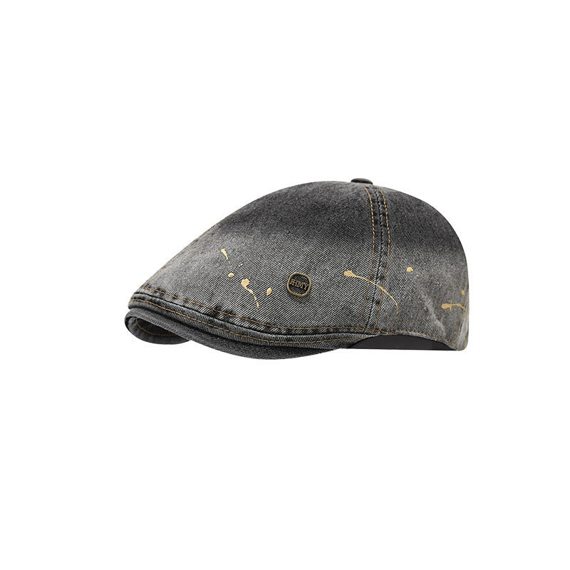 Béret en denim délavé dégradé et vieilli, style artiste - Noir - Réglable (21 1/4"-22 7/8") - image 6