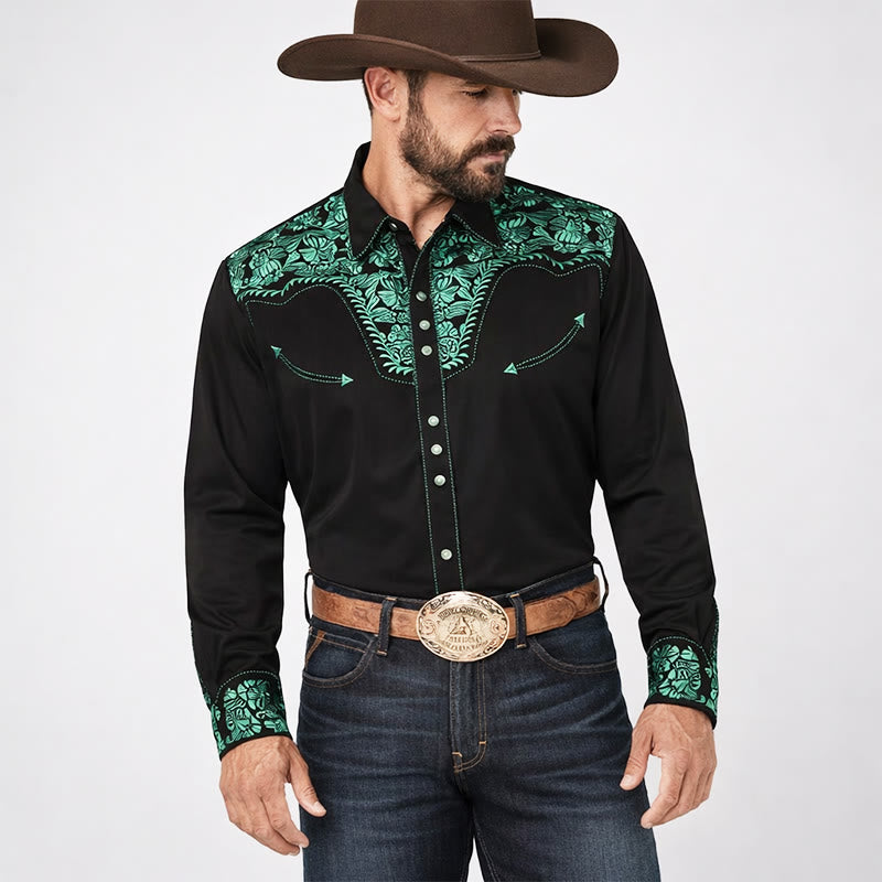 Chemise de cowboy noire imprimée en 3D à fleurs vertes style western - image 1