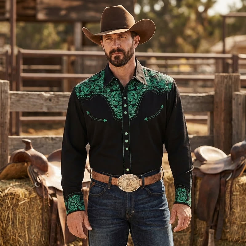 Chemise de cowboy noire imprimée en 3D à fleurs vertes style western - Noir - 6XL - image 0