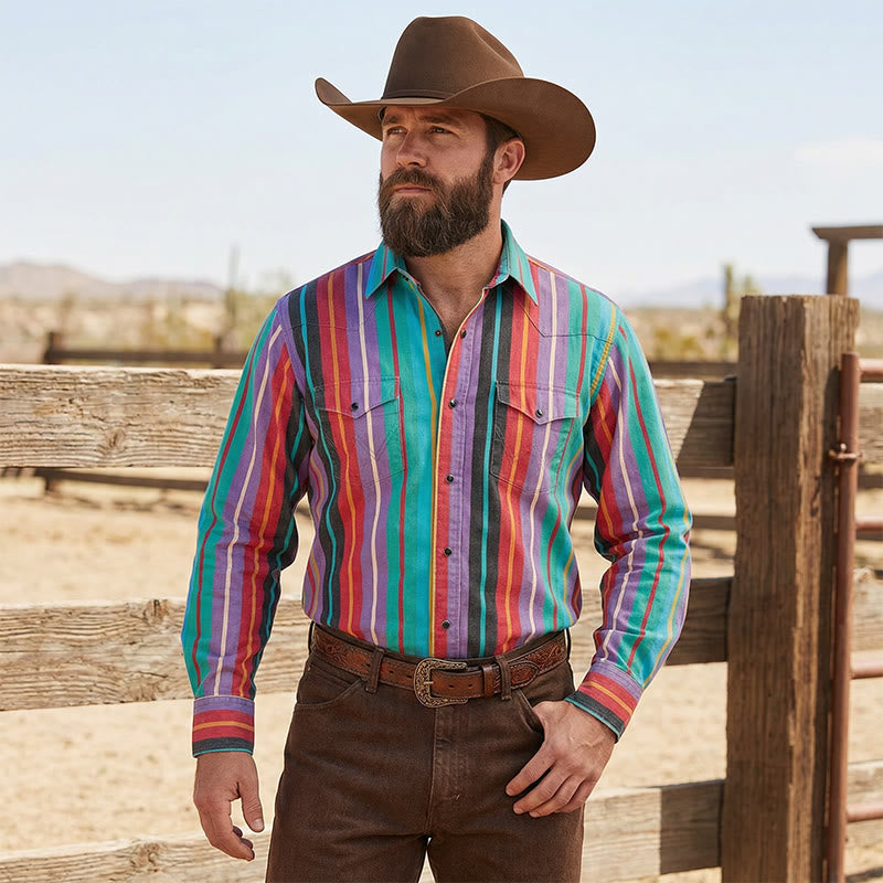 Chemise homme style western rétro à rayures arc-en-ciel imprimées en 3D - image 1