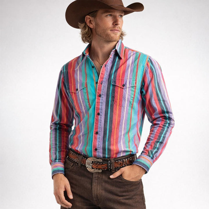Chemise homme style western rétro à rayures arc-en-ciel imprimées en 3D - Coloré - 5XL - image 0