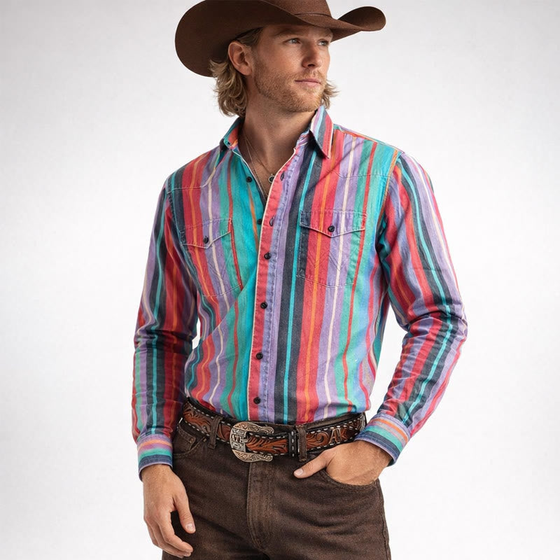 Chemise homme style western rétro à rayures arc-en-ciel imprimées en 3D - Coloré - 5XL - image 0