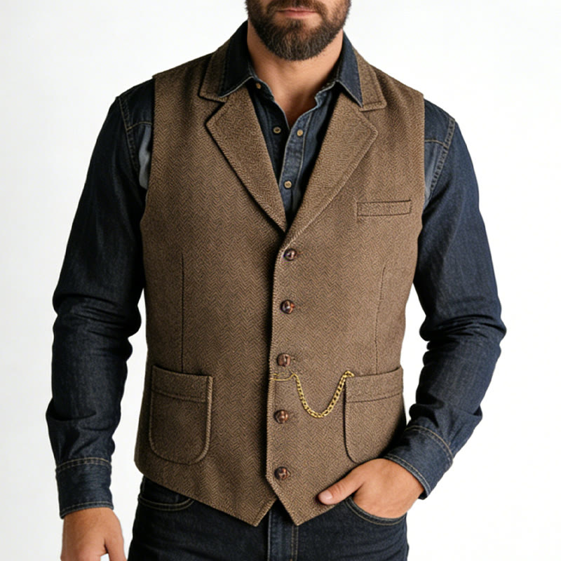 Gilet homme style western à chevrons, simple boutonnage, avec chaîne - image 1