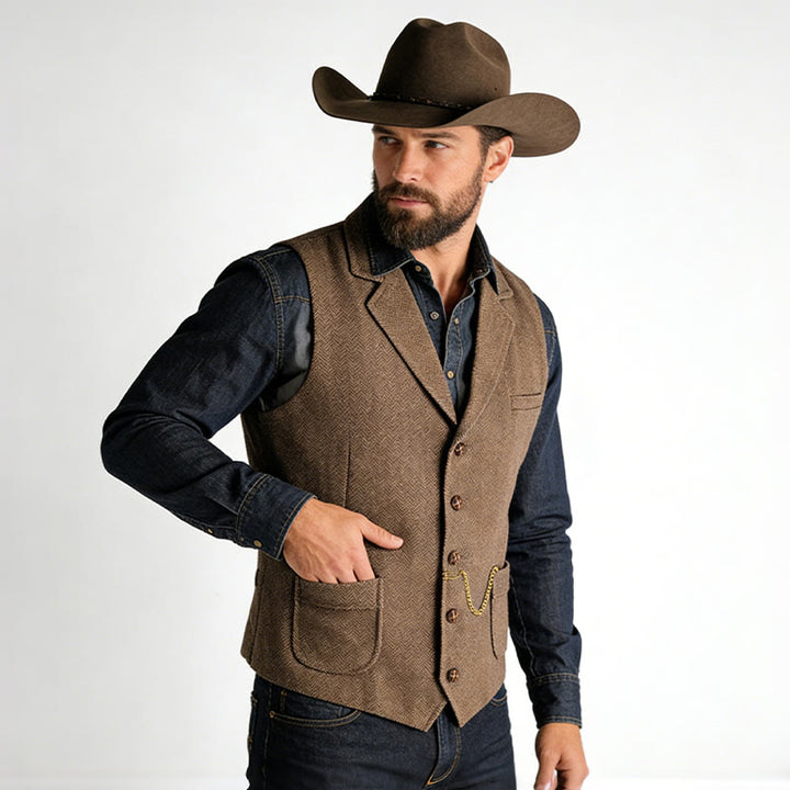 Gilet homme style western à chevrons, simple boutonnage, avec chaîne - image 2