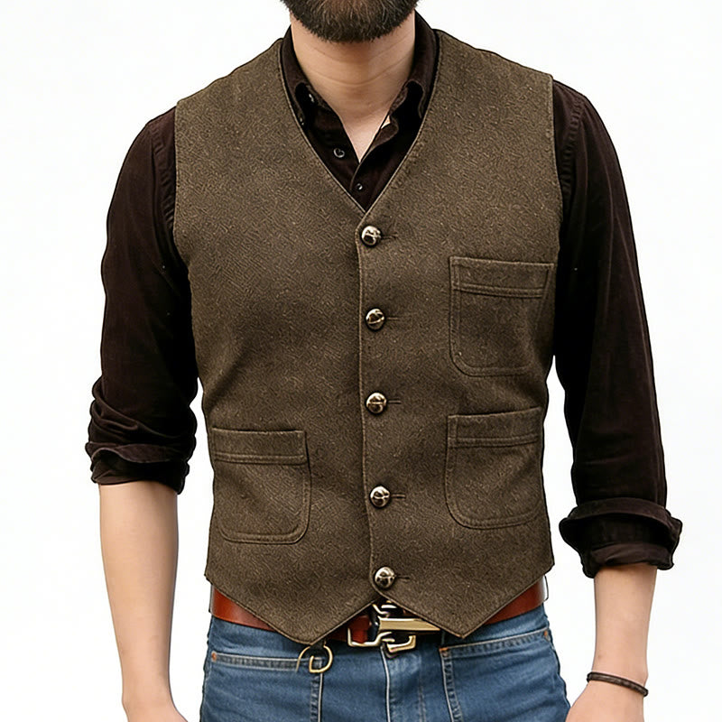 Gilet rétro western pour homme, col en V, poches multiples - Brun - 3XL - image 1