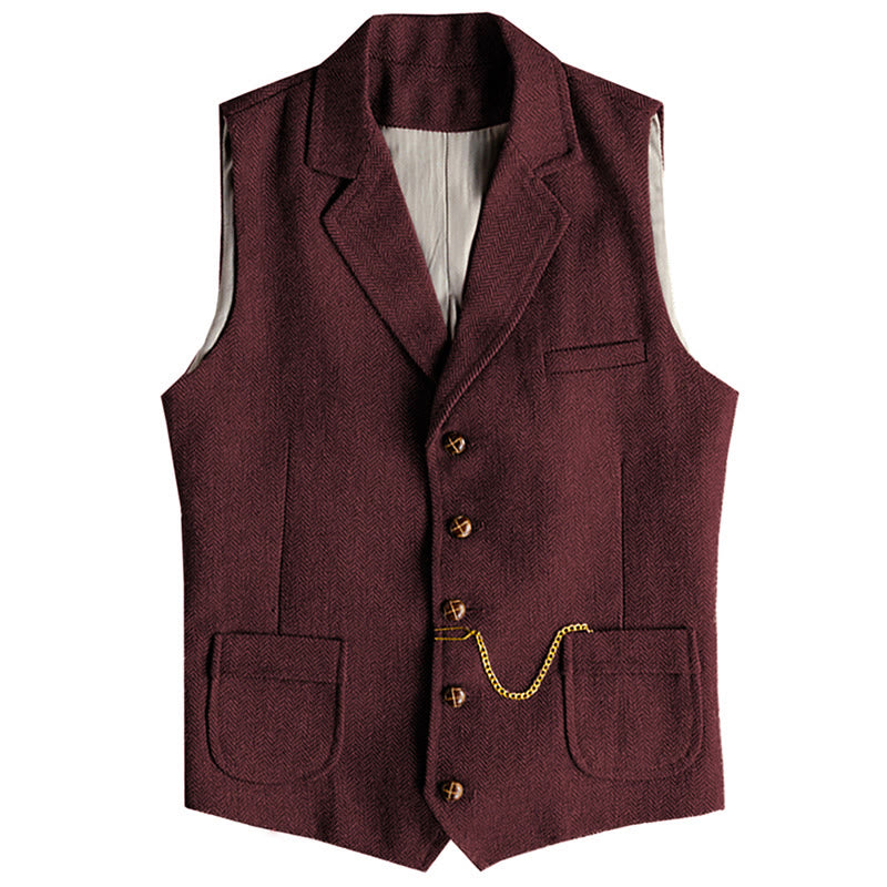 Gilet homme style western à chevrons, simple boutonnage, avec chaîne - Vin - 3XL - image 7