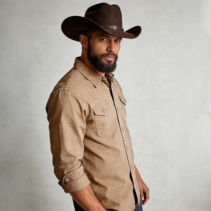 Chemise de travail en denim délavé classique pour homme, à double poche - image 4