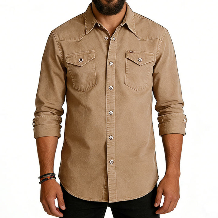 Chemise de travail en denim délavé classique pour homme, à double poche - image 5