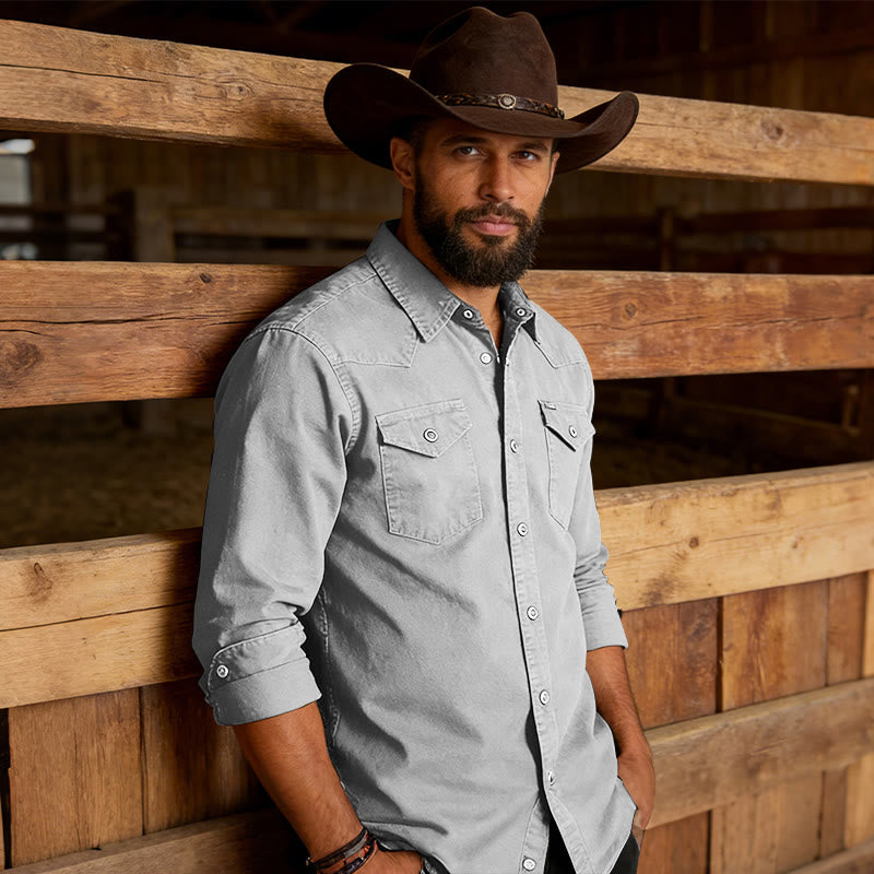 Chemise de travail en denim délavé classique pour homme, à double poche - Gris - 3XL - image 6