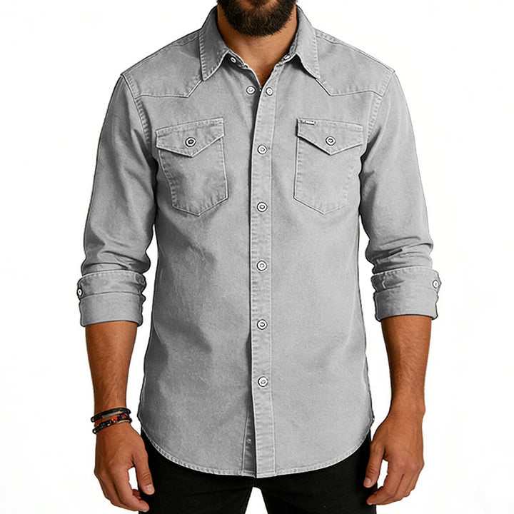 Chemise de travail en denim délavé classique pour homme, à double poche - image 8