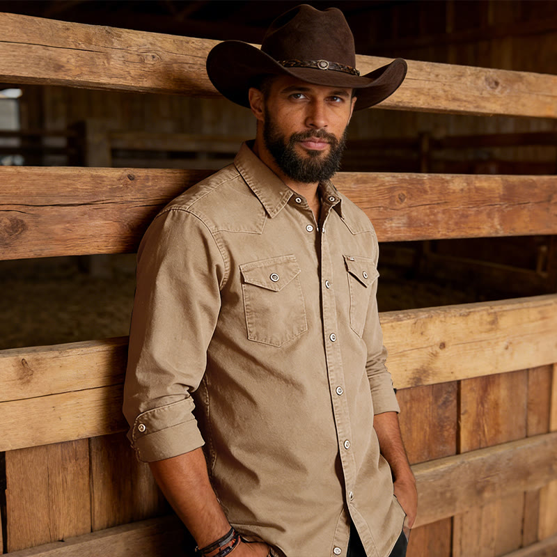 Chemise de travail en denim délavé classique pour homme, à double poche - Kaki - 3XL - image 3