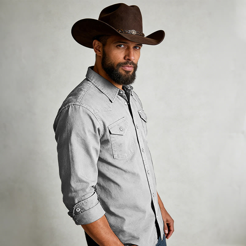 Chemise de travail en denim délavé classique pour homme, à double poche - image 7