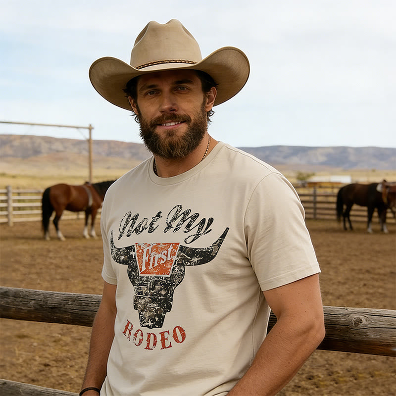 T-shirt à manches courtes imprimé style western rétro avec tête de taureau et rodéo - Tête de taureau - 3XL - image 0
