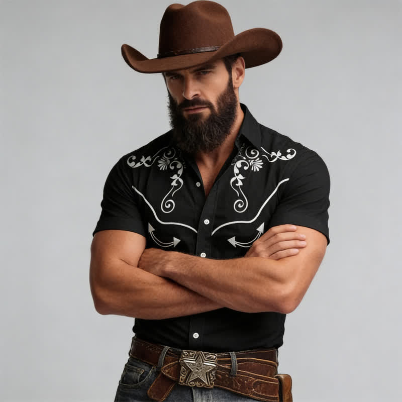 Chemise western pour homme avec empiècement contrasté imprimé en 3D et motifs à volutes. - Noir - 5XL - image 5