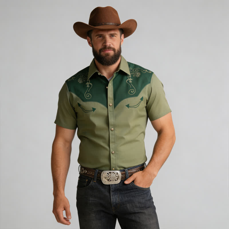Chemise western pour homme avec empiècement contrasté imprimé en 3D et motifs à volutes. - Vert - 5XL - image 4