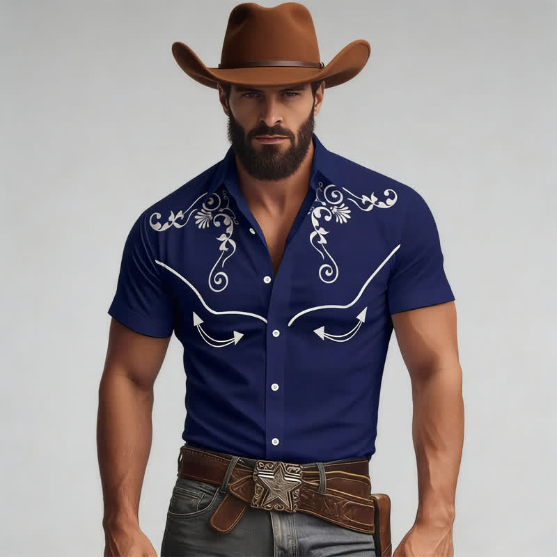 Chemise western pour homme avec empiècement contrasté imprimé en 3D et motifs à volutes. - Marine - 5XL - image 7